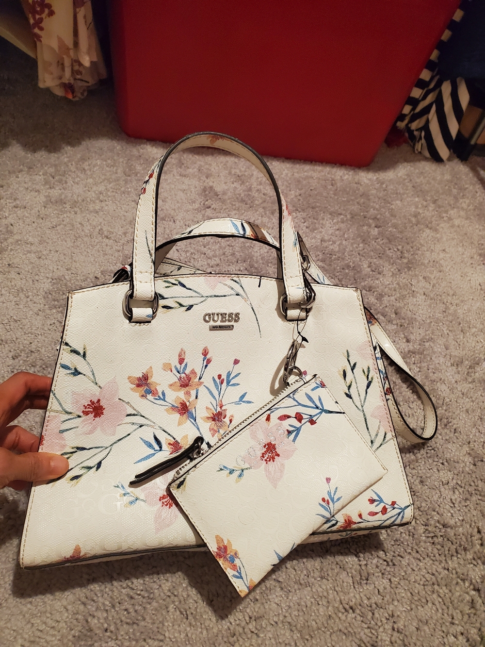 Guess White Floral Satchel with Matching Pouch